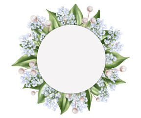 Elegant wreath in a round frame made of gypsophila and green rose leaves in watercolor style. Digital illustration on a white background. For invitations, date saving, gratitude or greeting card