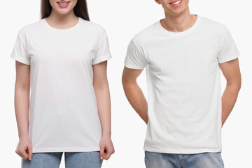 People wearing casual t-shirts on white background, closeup. Mockup for design - obrazy, fototapety, plakaty