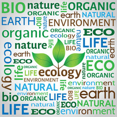 Ecological or environmental concept or background. Different words related to ecology with tree with leaves logo in the middle.