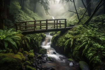 Remote waterfall in a serene forest with a wooden footbridge and misty atmosphere, generative ai