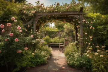 Fototapeta na wymiar Romantic Garden with Rose Bushes and a Rustic Arbor, generative ai