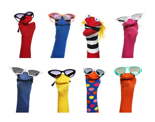 Many colorful sock puppets on white background, collage design