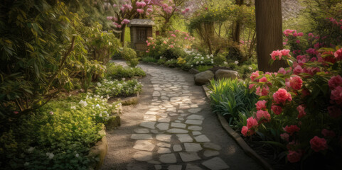 Serene Garden Path with Blossoming Flowers and Shaded Trees, generative ai