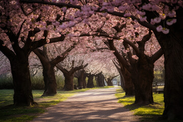 Serene Grove of Cherry Blossom Trees in a Blossoming Park, generative ai