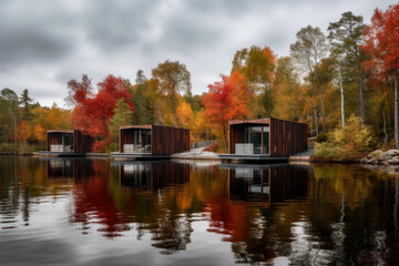 Fototapeta na wymiar Serene Lakeside Retreat with a Row of Vibrant Cabins, generative ai