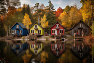 Fototapeta na wymiar Serene Lakeside Retreat with a Row of Vibrant Cabins, generative ai