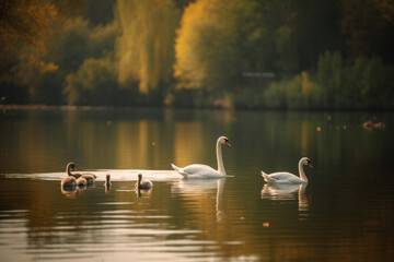 Serene Lakeside with a Family of Swans Swimming, generative ai