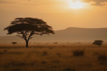 Fototapeta na wymiar Serene Morning Scene in the African Savannah with a Lone Acacia Tree, generative ai