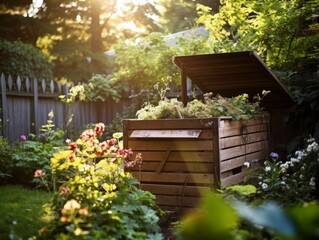 Fototapeta na wymiar A compost bin in a backyard