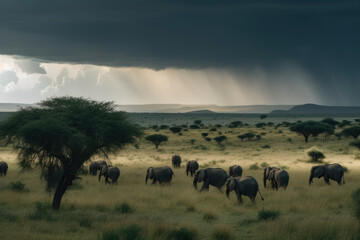 Stormy Savanna with Elephants and Rhinos Taking Cover, generative ai