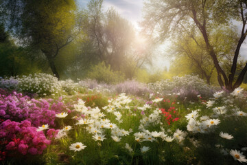 Springtime Serenade Harmonious Landscape Bursting with Blooming Flowers, generative ai