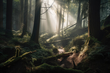Sunlight filtering through misty forest with tree trunks shrouded in mist, generative ai