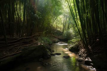 Sunlit Bamboo Grove with soft greenery with a Creek, generative ai