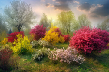 Symphony of Colors Vibrant Spring Landscape with Blossoming Flowers, generative ai