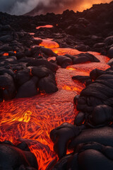 Obraz premium The Fierce Beauty of a Volcanic Wonderland Majestic View of Red-Hot Lava Flowing Through Black Rocks, generative ai