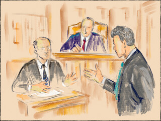 Pastel pencil pen and ink sketch illustration of a courtroom trial setting with judge, lawyer, defendant, plaintiff, witness and jury on a court case drama in judiciary court of law and justice. - 599432926