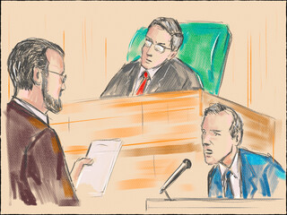 Pastel pencil pen and ink sketch illustration of a courtroom trial setting with judge, lawyer, defendant, plaintiff, witness and jury on a court case drama in judiciary court of law and justice.