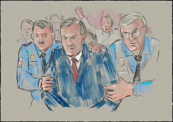 Pastel pencil pen and ink sketch illustration of a defendant being led out of courtroom trial by police officer.