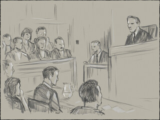 Pastel pencil pen and ink sketch illustration of a courtroom trial setting with judge, lawyer, defendant, plaintiff, witness and jury on a court case drama in judiciary court of law and justice. - 599432965