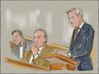 Pastel pencil pen and ink sketch illustration of a courtroom trial setting with judge, lawyer, defendant, plaintiff, witness and jury on a court case drama in judiciary court of law and justice. - 599432966