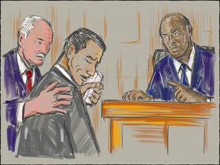 Pastel pencil pen and ink sketch illustration of a courtroom trial setting with judge, lawyer, defendant, plaintiff, witness and jury on a court case drama in judiciary court of law and justice. - 599432991