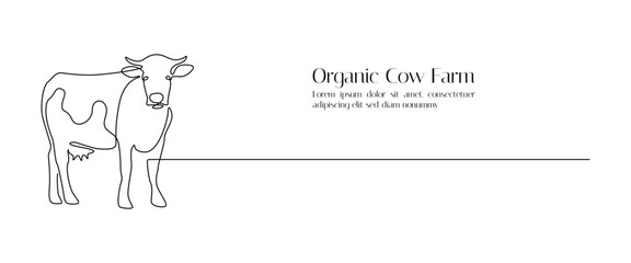 Cow in One continuous line drawing. Milk cattle animal on pasture symbol and beef meat farm concept in simple linear style. Editable stroke. Doodle contour vector illustration