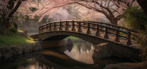 Tranquil Cherry Blossom Park with a Scenic Bridge, generative ai