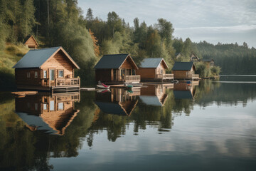 Fototapeta na wymiar Tranquil Lakeside Getaway with a Row of Cozy Cabins, generative ai