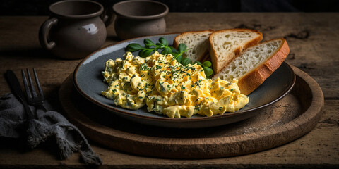 Eier Omelette frisch gebraten mit Stück Brot auf einem Teller zum Frühstück, ai generativ