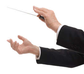 Professional conductor with baton on white background, closeup