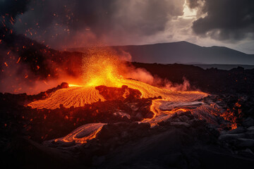 Volcanic Apocalypse Spectacular View of Molten Lava and Ash Erupting from a Crater, generative ai