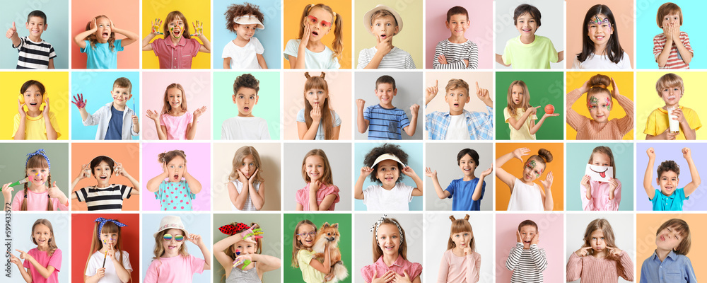 Wall mural Set of different cute children on color background