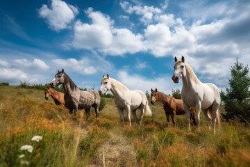 Fototapeta premium Wild Horses Enjoying a Sunny Day in a Green Meadow, generative ai