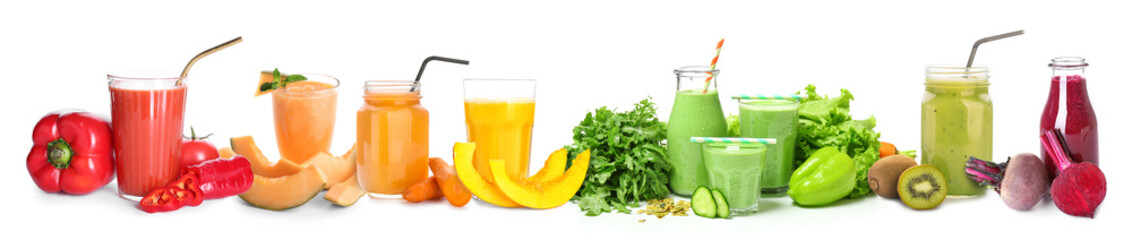 Set of different smoothies with ingredients on white background