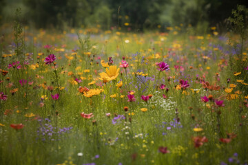 Obraz na płótnie Canvas Wildflowers Galore Peaceful Meadow Bursting with Colorful Blossoms, generative ai