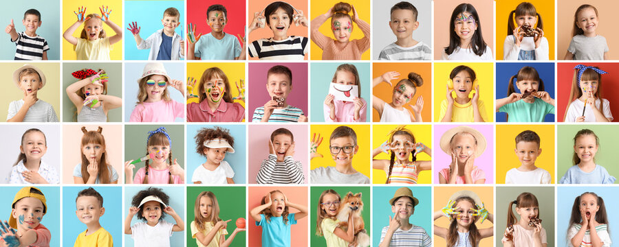 Collage of different cute children on color background