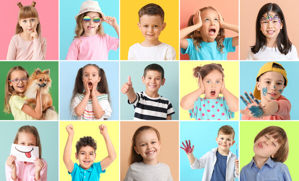 Group of different cute children on color background