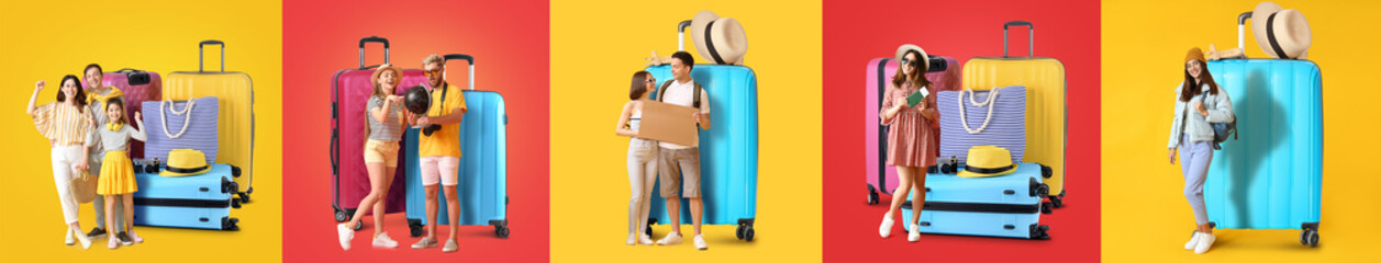 Collage with tourists and big luggage on color background