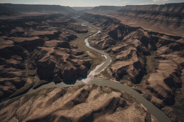 Fototapeta na wymiar Aerial view of a rugged rocky canyon with winding rivers slicing through the landscape, generative ai