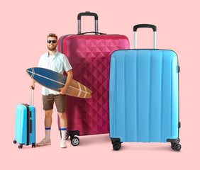 Male tourist with surfboard and big suitcases on pink background