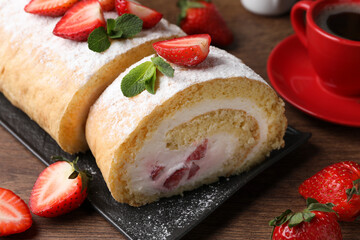Delicious cake roll with strawberries and cream on black board, closeup