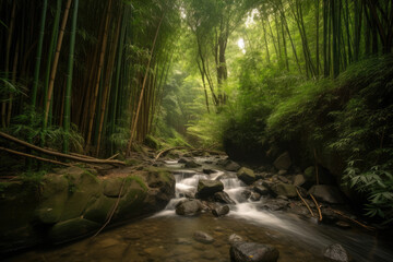 Obraz premium Bamboo Forest with a Small Waterfall and juicy leaves, generative ai