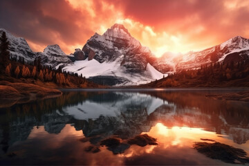 Fototapeta na wymiar Breathtaking view of a snow-capped mountain peak with a dramatic sunset sky and a tranquil lake in the foreground, generative ai