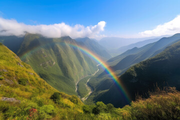 Breathtaking View of a Valley with a Rainbow and a Clear Blue Sky, generative ai
