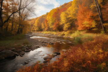 Fototapeta na wymiar colorful autumn landscape with a river flowing through a valley surrounded by trees with leaves in shades of orange, yellow, and red, generative ai