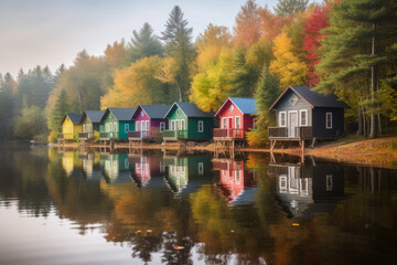 Fototapeta premium Colorful Cabins Nestled by the Calm Lake Waters, generative ai