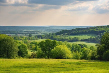 Fototapeta na wymiar Countryside Landscape with a Lush Forest on the Horizon, generative ai