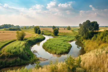 Fototapeta na wymiar Countryside Landscape with a Lazy River Winding Through It, generative ai
