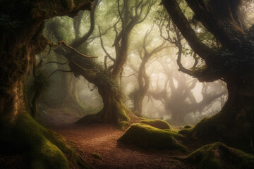 Fototapeta na wymiar Enchanted Forest misty and magical woodland filled with an ethereal aura and a hidden grove of ancient trees that exude an otherworldly presence, generative ai