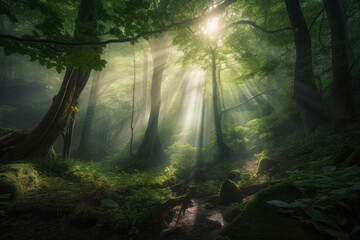 Enchanting forest with rays of sunlight creating a mystical aura, generative ai